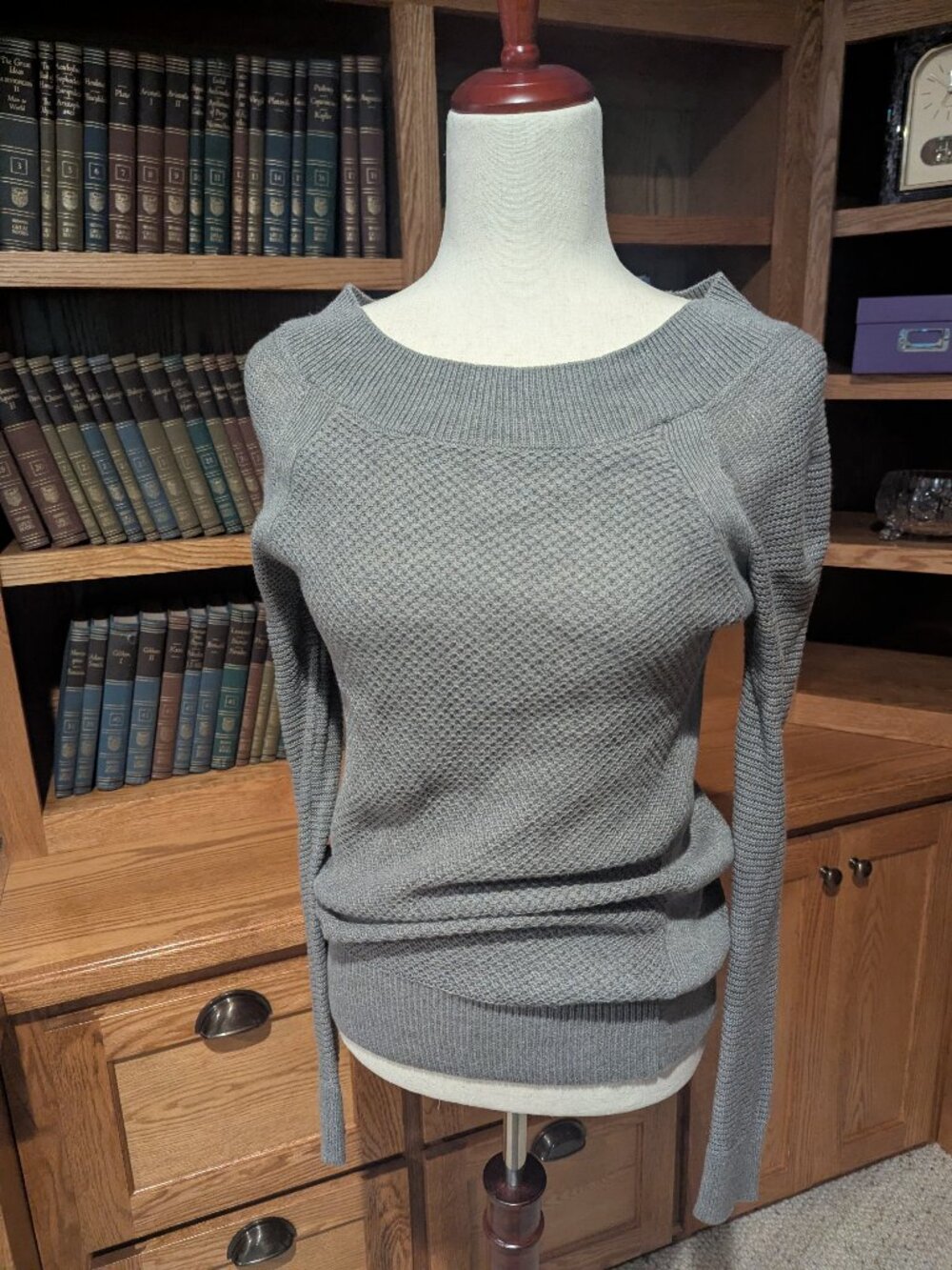 LOFT Gray Textured Knit Sweater Size Small Wool Blend Boat Neck